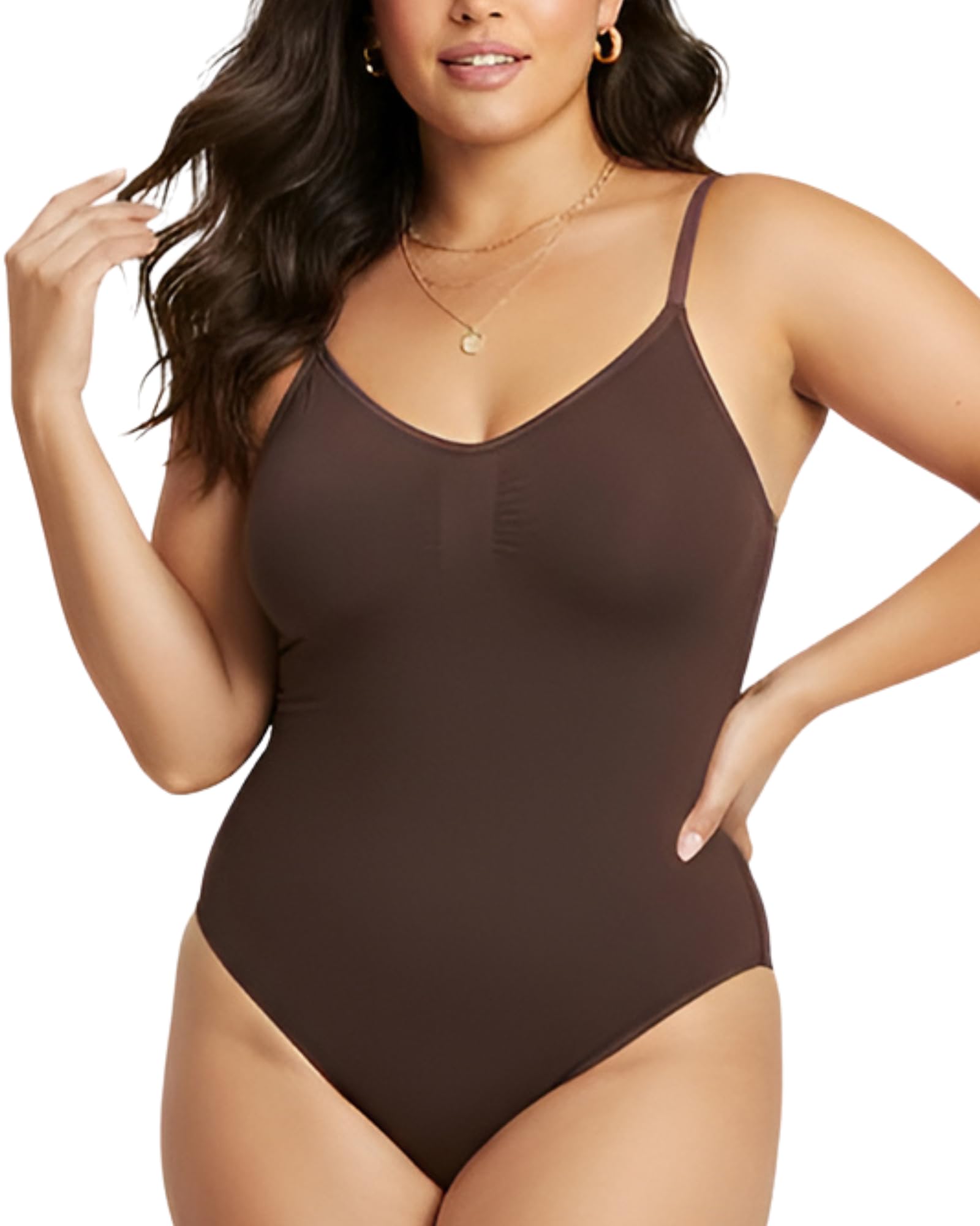 Conturve Women's Shapewear Bodysuit Tummy Control Body Shaper Seamless Sculpting Waist Body Suit Panty (Brown - M)
