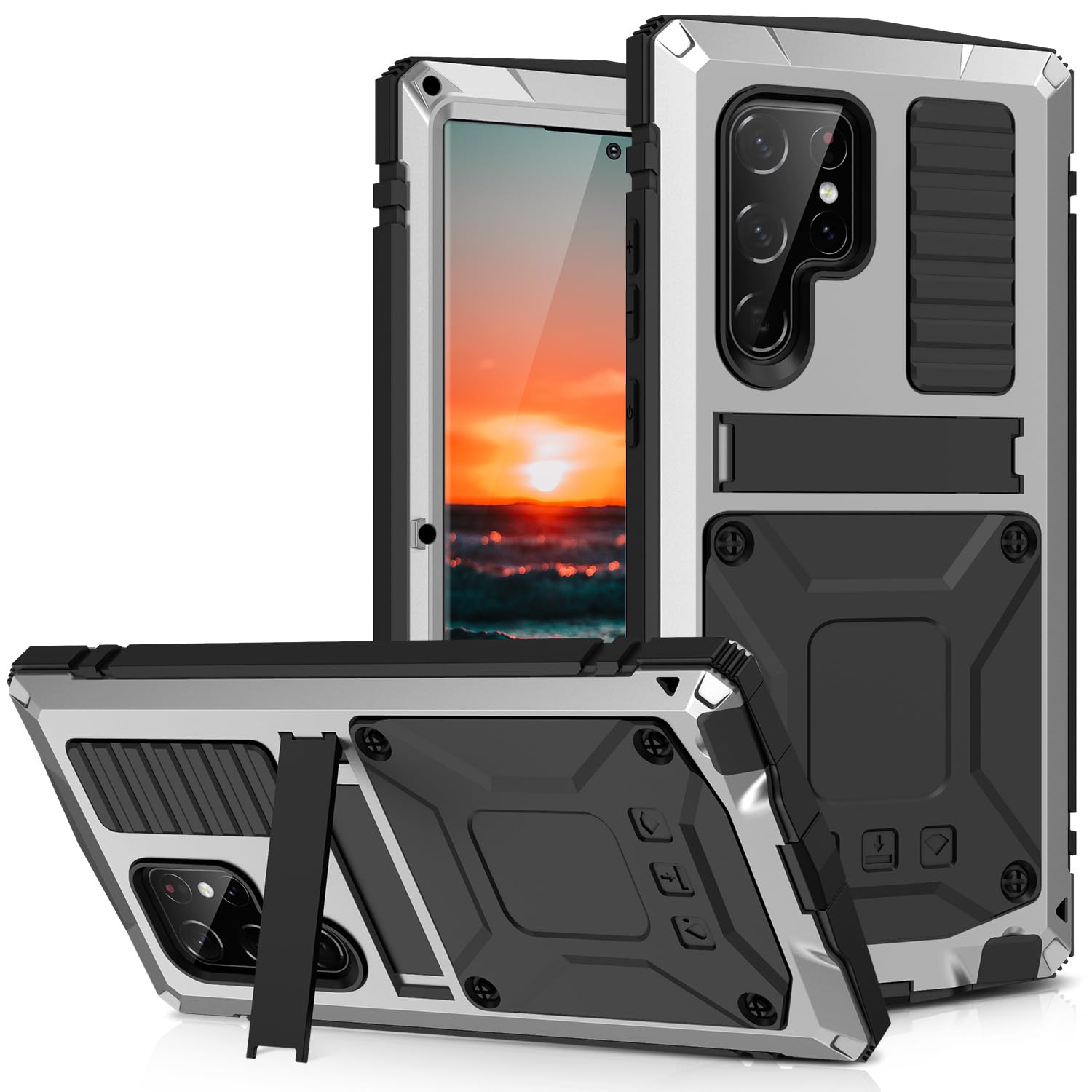 Etui z podpórką do Samsung Galaxy S25 Ultra/S25 Plus/S25, wytrzymała osłona ekranu, kompleksowa obudowa, odporna na wstrząsy metalowa obudowa, srebrna, S25