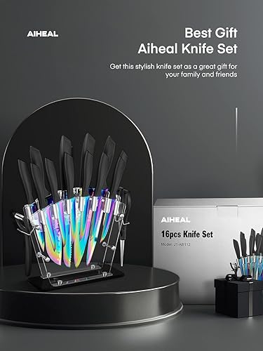 Miniatura 8 de Aiheal Juego de cuchillos, 16 piezas de acero inoxidable de alto carbono, juego de cuchillos de cocina de color arcoíris, hoja de revestimiento