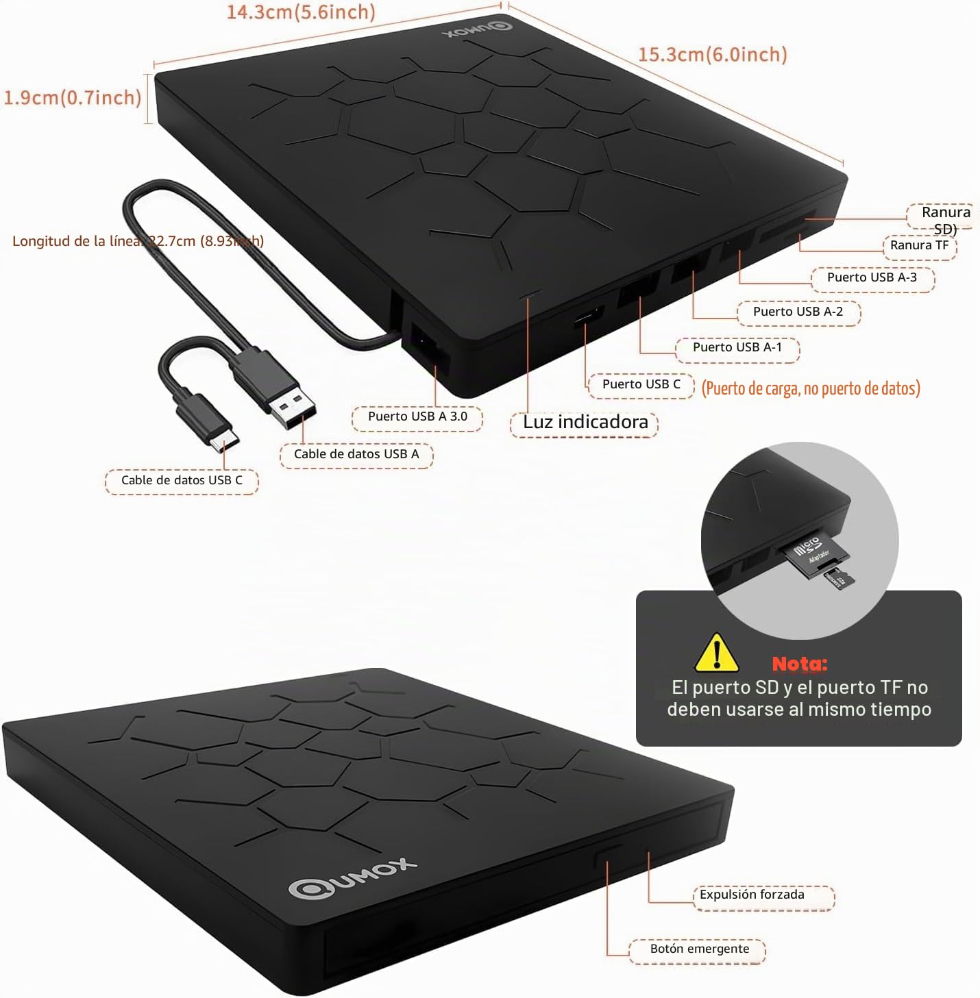 QUMOX Reproductor externo de DVD/CD USB 3.0 con 4 puertos USB y lector de tarjetas TF/SD, compatible con Windows/Mac/Linux