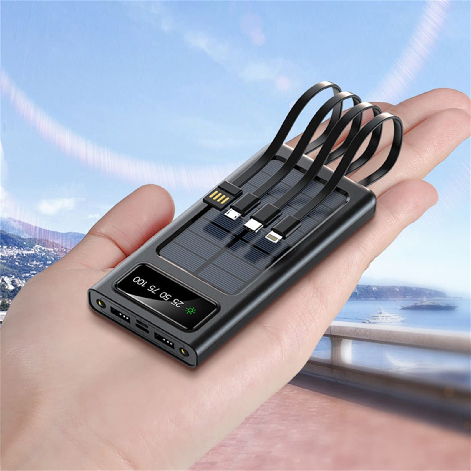 WFEI Power Bank Cargar Solar 30000mAh Teléfono de batería Externo portátil Paquete de Panel de células solares de células solares Powerbank,Negro