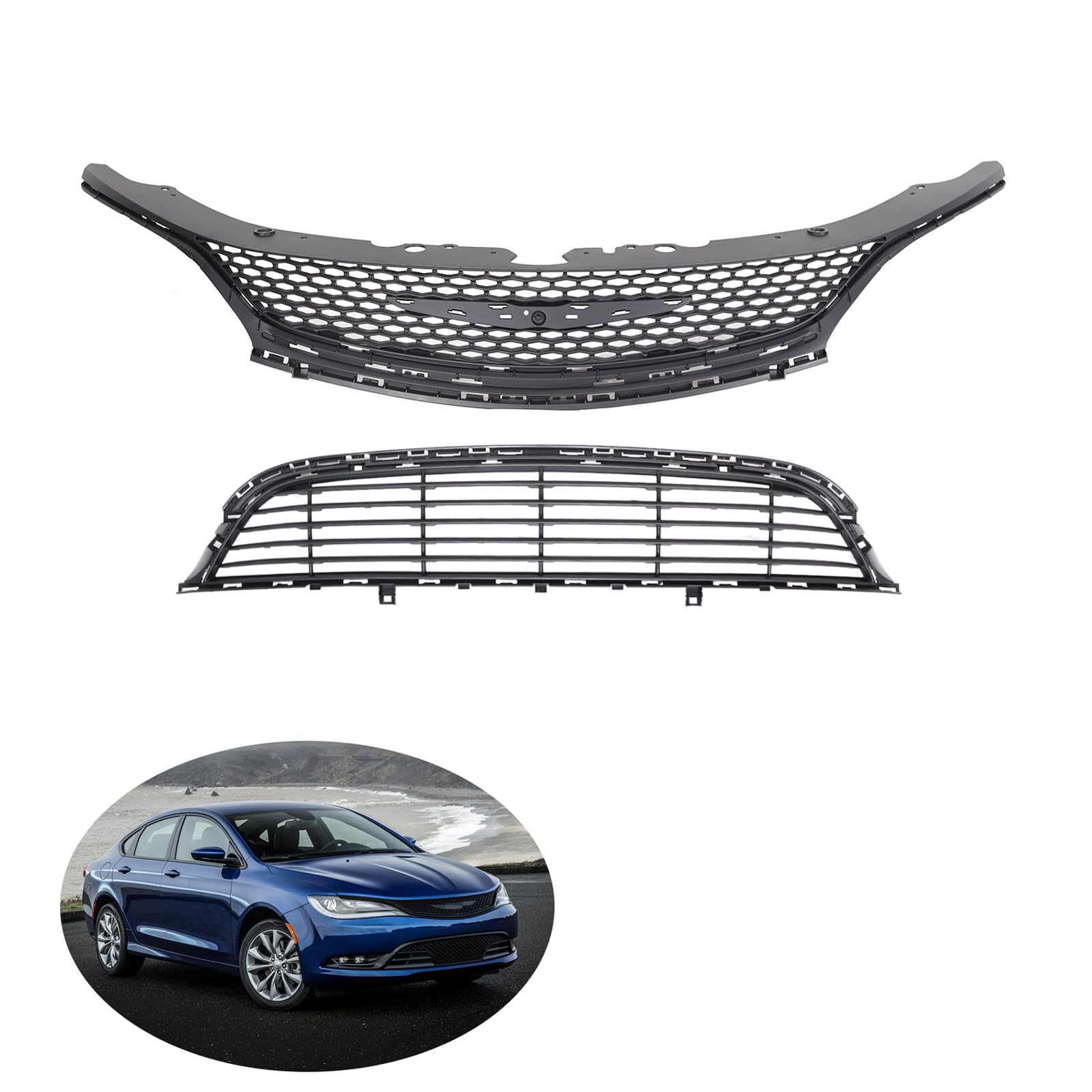 200 Grille - Front Bumper Upper & Lower Grille Compatible with 2015 2016 2017 Ch-rysler 200 68202988AC 68103934AC