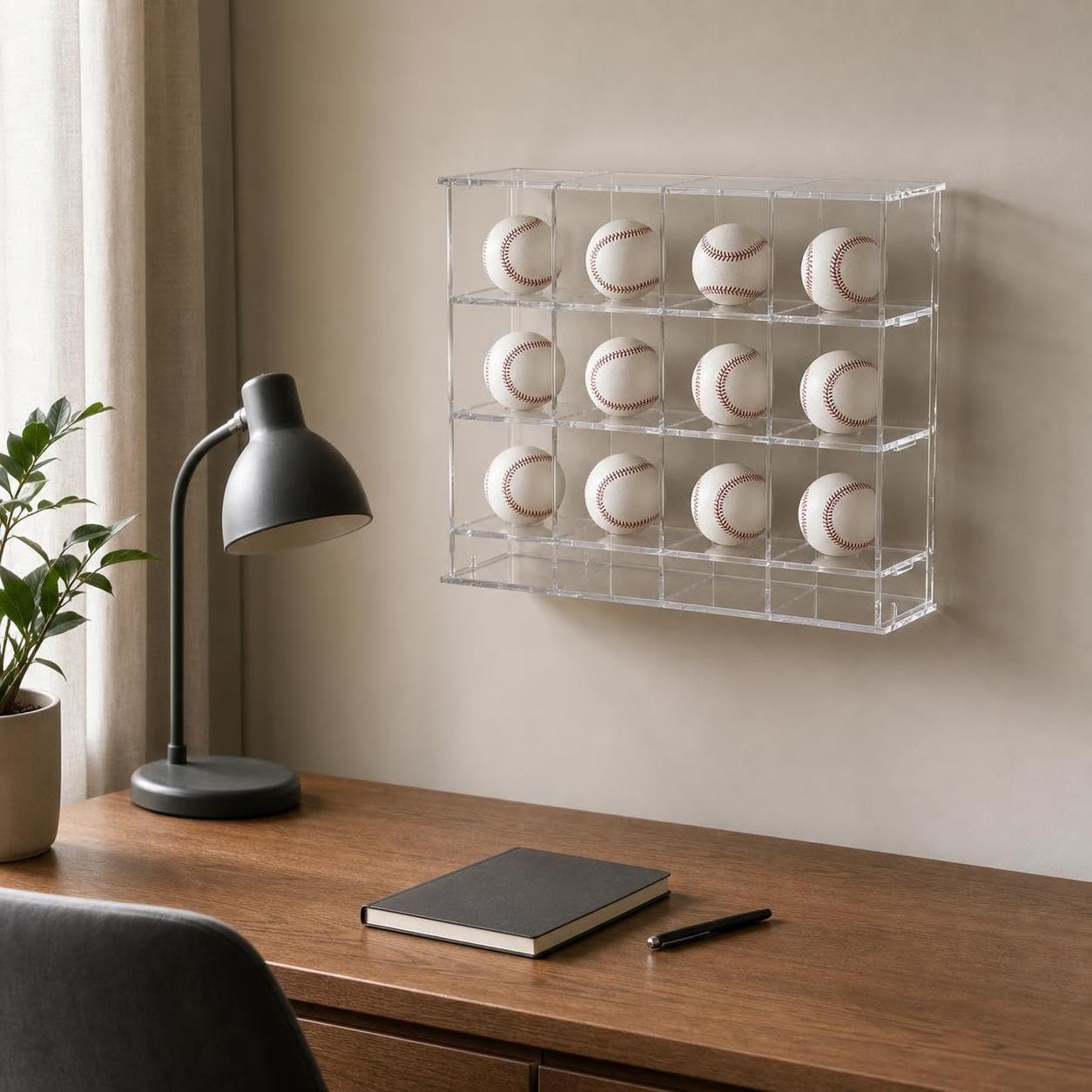 Vitrina Pared para coleccionables acrílica, Caja Almacenamiento a Prueba Polvo para Pelotas béisbol, para Mostrar , 12 Compartimentos (340x95x280 mm)