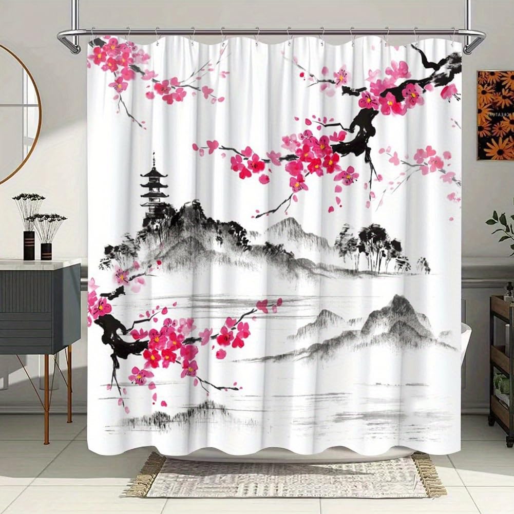 Sofezdo Shower Curtain for Bathroom, Chinese Plum Blossom Shower Curtain with Chinese Oriental Ink Painting Shower Curtain