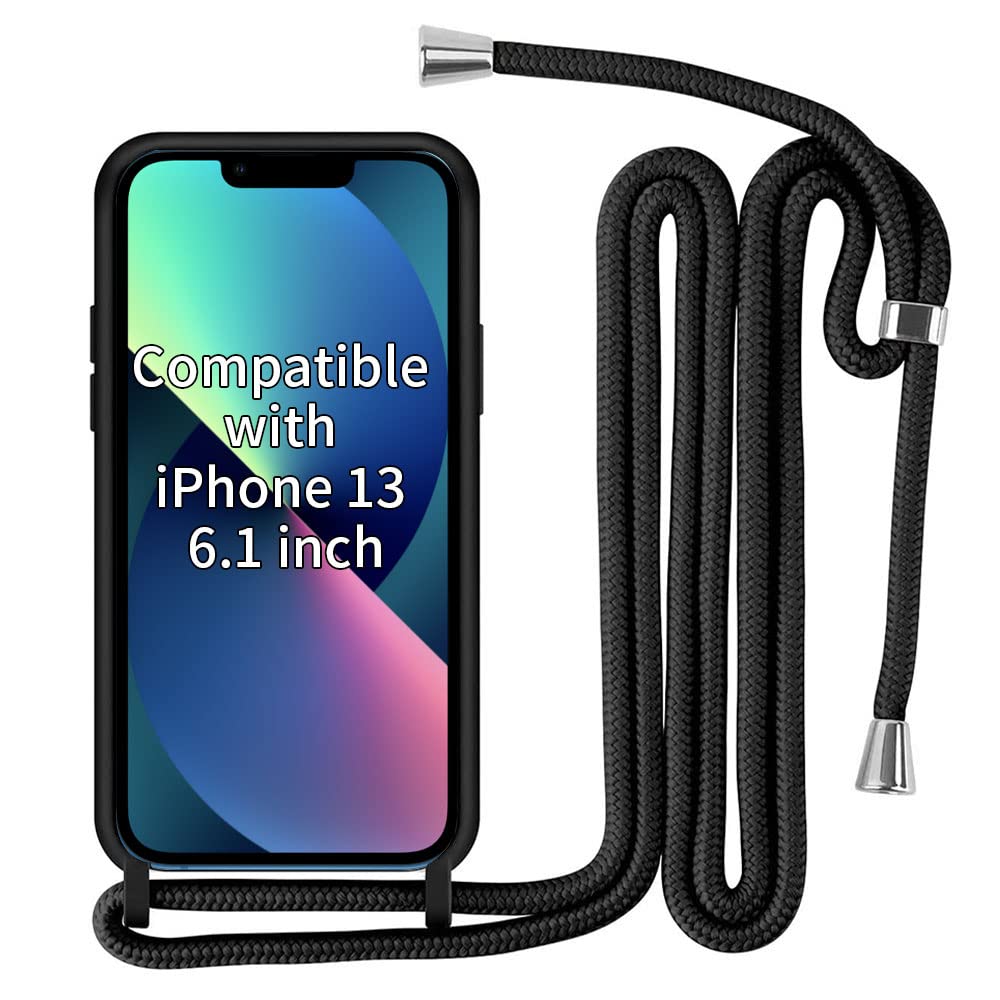 INFOSUN Compatible with iPhone 13 Crossbody Case, Scratch Resistant and Bumps TPU Material Phone Moblie Cover Neck Cord Lanyard Strap Case for Apple iPhone 13 6.1" -Black