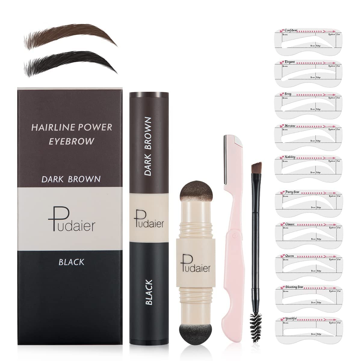 Eyebrow Stamp Stencil Kit 2 Colors One Step Brow Trio Makeup Set with 10 Eyebrow Stencils, 1 Brush and 1 Razor, Easy Color, Waterproof and Long Lasting, Eyebrow Color Makeup Kit (Black and Dark Brown)