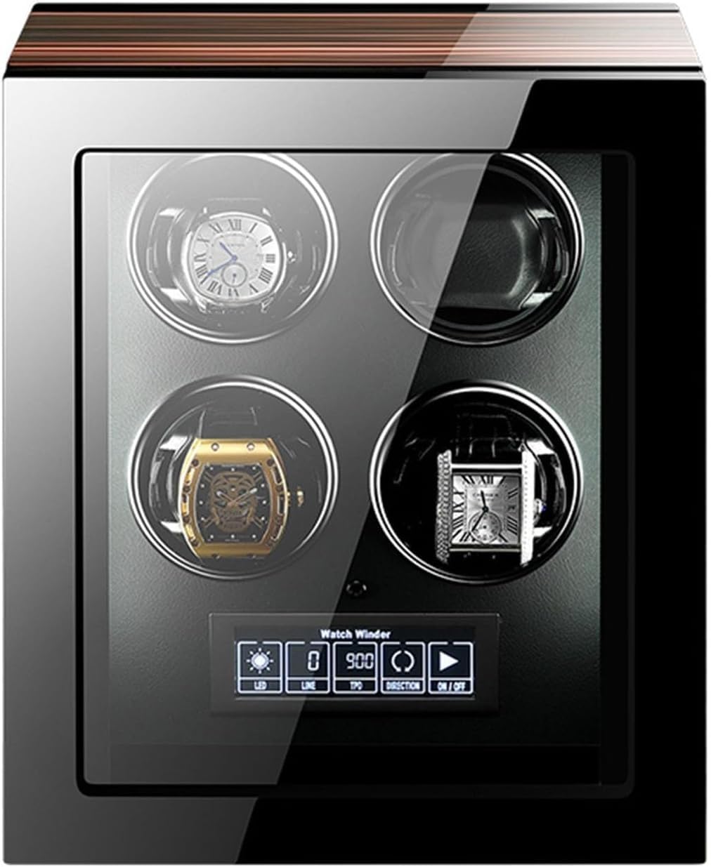 CGCSYZ Watch Winder with 4 Winding Spaces, LCD Touchscreen Control, LED Lighting, Adjustable Pillows, Wooden Piano Finish
