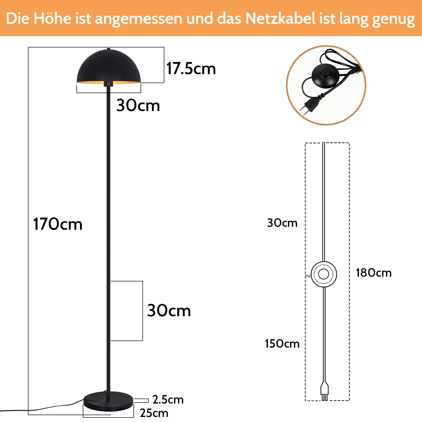 ZMH Stehlampe Bodenlampe für Wohnzimmer, Metall Stehleuchte modern 170 cm, | Lampenschirm Ø30 cm, E27 Fassung max. 40W, IP20 Innenleuchte, Schlafzimmer Leseecke, Schwarz Gold, ohne Leuchtmittel