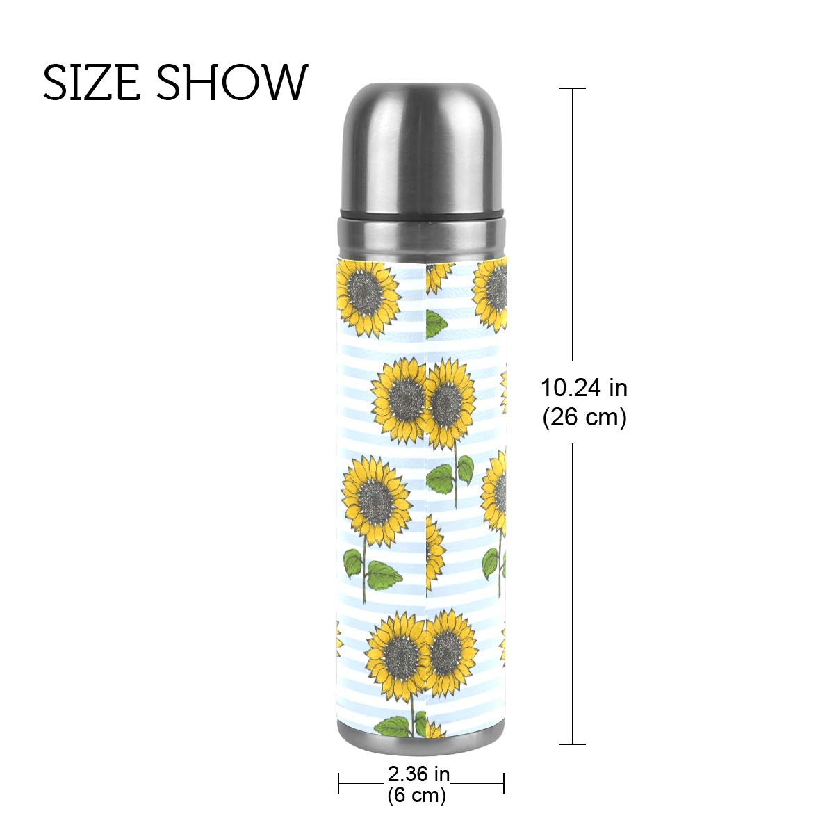 Taza de viaje de acero inoxidable con aislamiento al vacío, doble pared, a prueba de fugas, diseño de girasoles, estampado a rayas azules, con estampado personalizado de piel auténtica, 500 ml