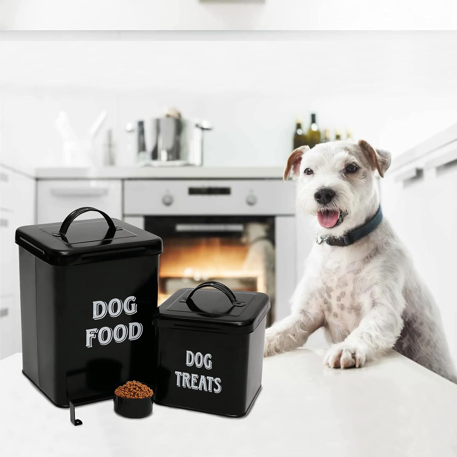 Morezi Dog Food Storage Container Farmhouse Pet Food Treats Holder with Lid and Scoop, Perfect Sturdy Canister Tins for Kitchen Countertop, Shelf, Great Gift for Pet Owners, 5 lbs Capacity - Black