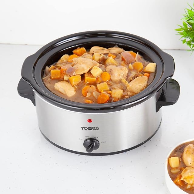 GBS Stainless Steel Slow Cooker 3.5L Pot - Removable Ceramic Bowl Tempered Glass Lid - Kitchen Cooking Pot For Curries, Soups, Casseroles Table Dish - Warm Function Manual Cooker 22.7 x 35.3 x 27.3cm