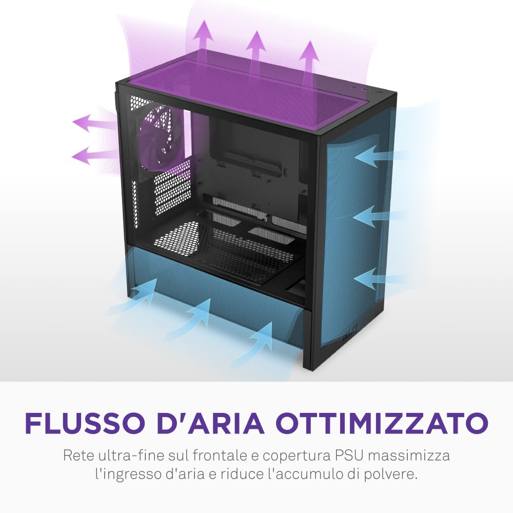 NZXT H3 Flow – Case PC Gaming Micro-ATX – Flusso d'aria ottimizzato – 1 ventola 120mm inclusa – GPU full-size – Radiatore 280mm frontale, 240mm superiore – Scheda madre con conn. posteriore – Nero