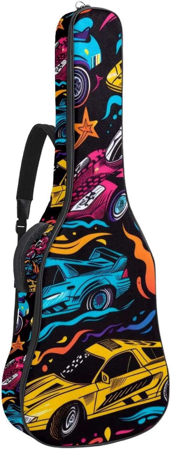 40 41 42 Inch Guitar Bags, Waterproof Padded Acoustic Guitar Case Backpack with Adjustable Shoulder Strap & Pockets, Colorful Racing Doodle Pattern
