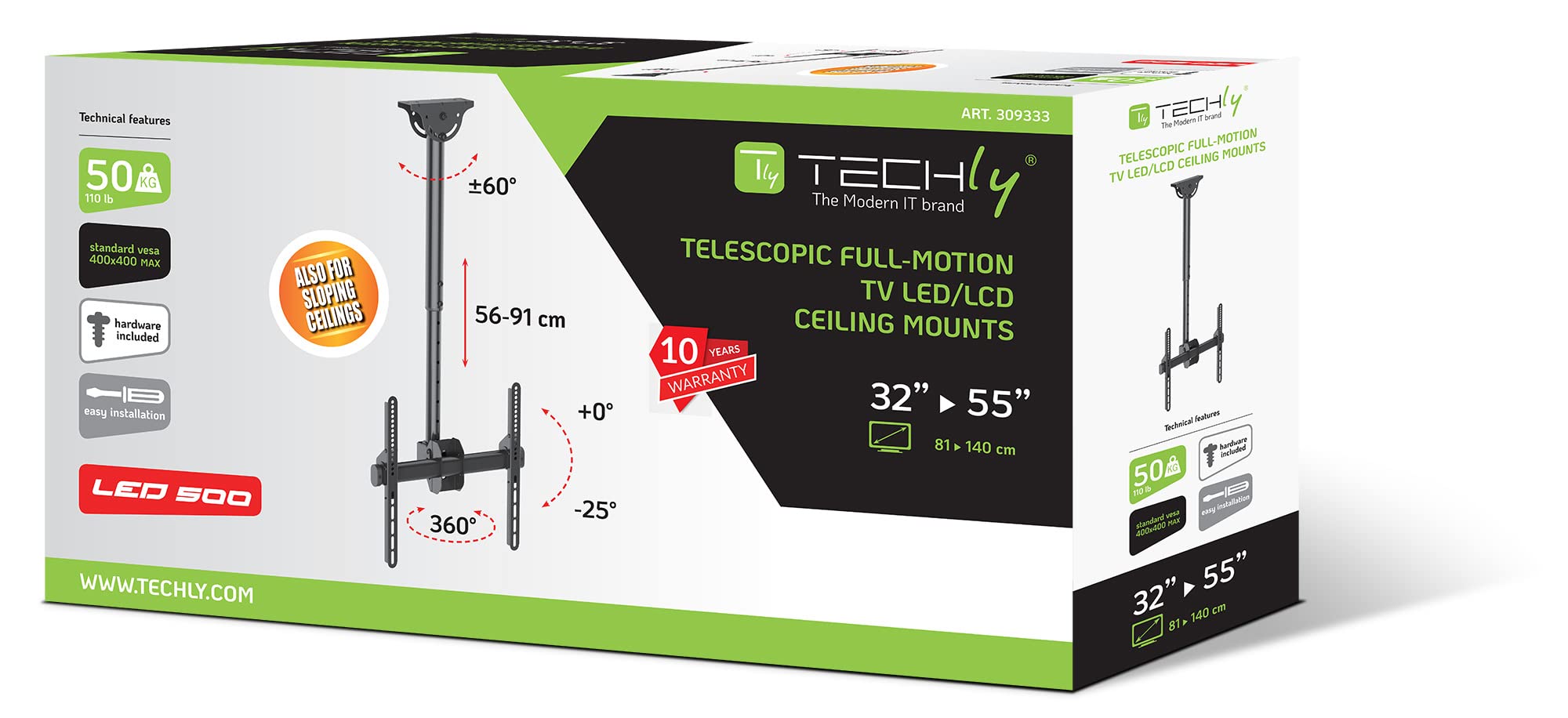 Techly 309333 Supporto Telescopico Universale a Soffitto per TV LED LCD 32-55" Nero