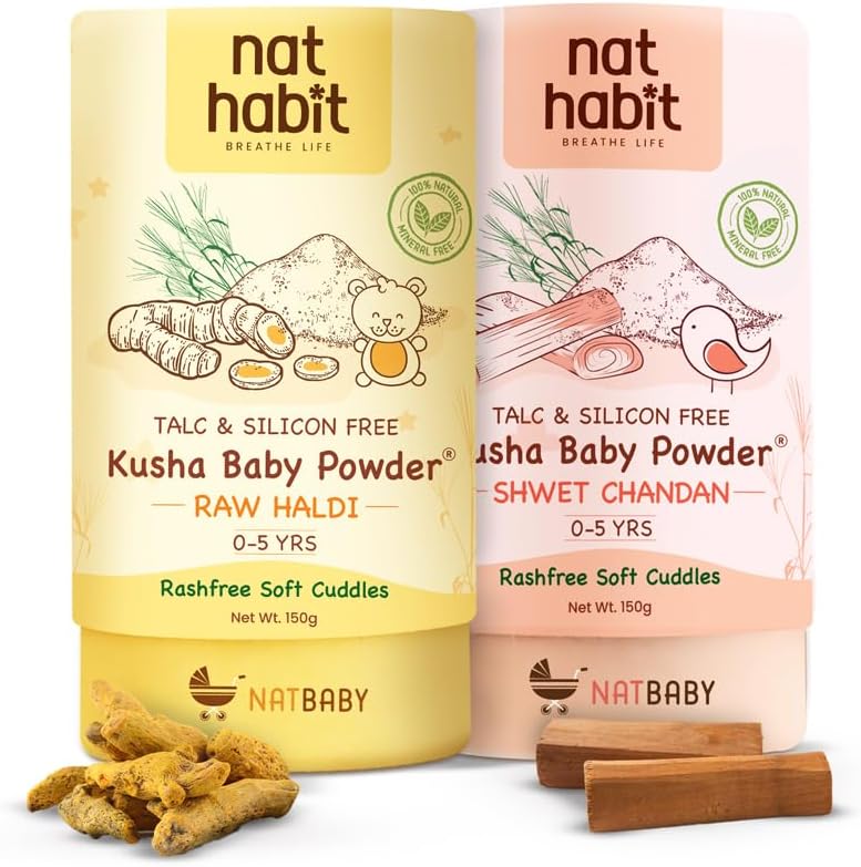 Nat Habit Raw Haldi & Shwet Chandan Kusha Baby Powder, Chemical Free & Rashfree Soft Protection, 0-5 Yrs - 150 g Each (Combo Pack of 2)