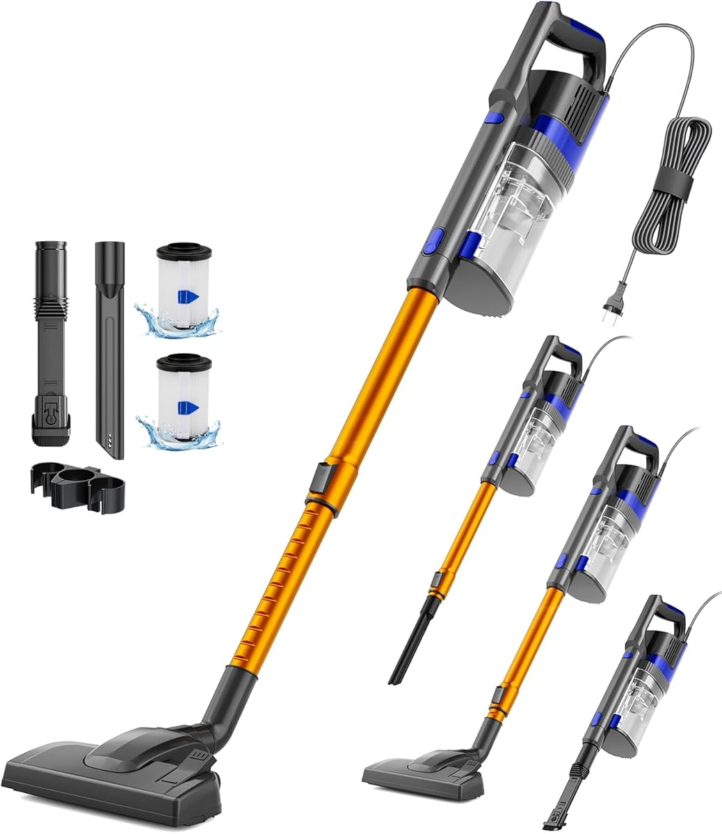 60KPa/600W/7M Aspirapolvere con Filo, Aspirapolvere con 800ml Pattumiera, Scopa Elettrica con Filo con Design a Doppia Maniglia, Scopa Elettrica con Filo Potente per Pavimenti, Arancione