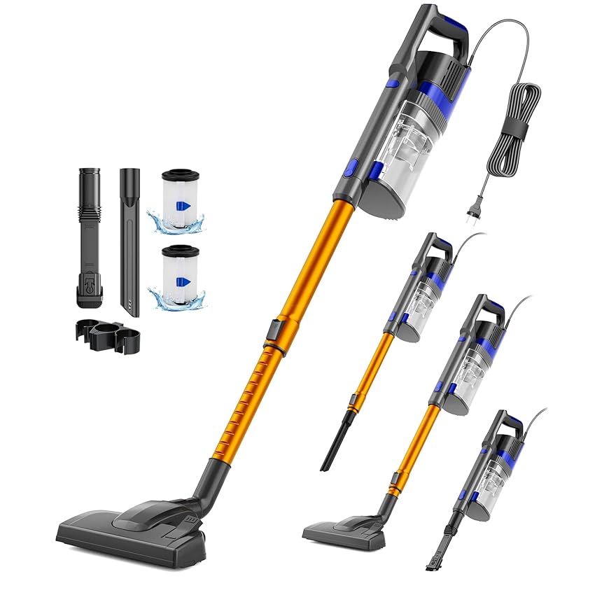 VACTechPro 60KPa/600W/7M Aspirapolvere con Filo, Aspirapolvere con 800ml Pattumiera, Scopa Elettrica con Filo con Design a Doppia Maniglia, Scopa Elettrica con Filo Potente per Pavimenti, Arancione