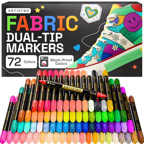 ARTISTRO 72 Dual-Tip Fabric Markers - Fabric Decorating Kit - Permanent for Clothes - Acrylic Paint Pens for Sneakers Bags Shoes Textile Canvas Sewing Craft DIY - Brush and Fine Tip