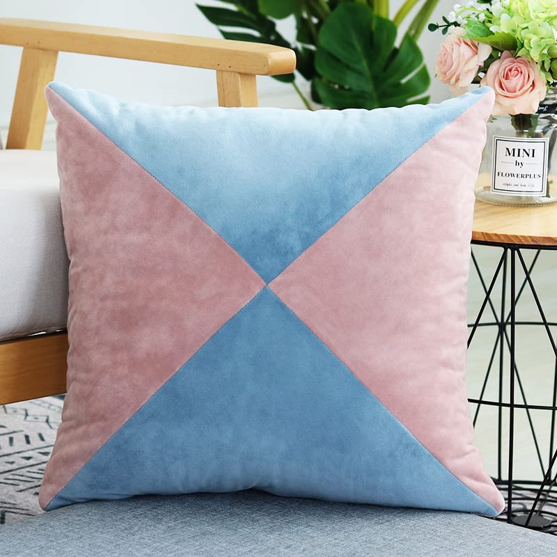 Pink Blue 3 Triangle Checked Cushion Covers 45 x 45cm Soft Throw Pillow Covers Cozy Flannel Splicing Cushion Case Cover Square Pillow Cover for Couch Bed Sofa Living Room Decor