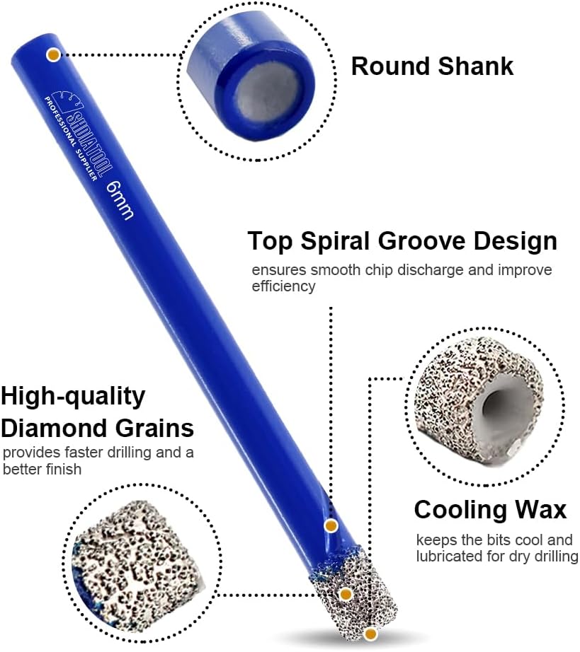 SHDIATOOL Diamond Drill Bits 1/4-Inch,Core Bits with Round Shank Hole Saw Cutter for Porcelain Tile Marble Ceramic Granite,Dry Wetting Drilling 6mm (Pack of 20)