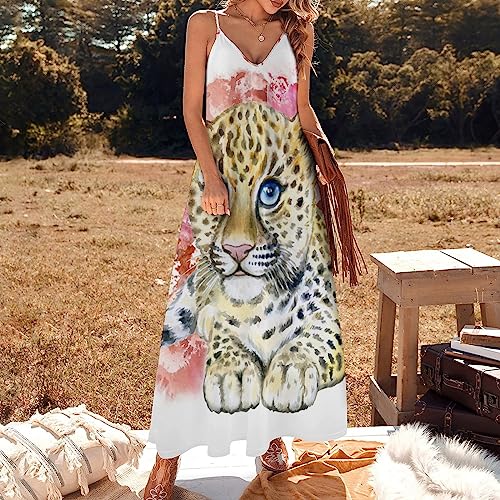 Robe Longue D'été Imprimé Léopard Mignon avec Décolleté V Sans Manches - 2