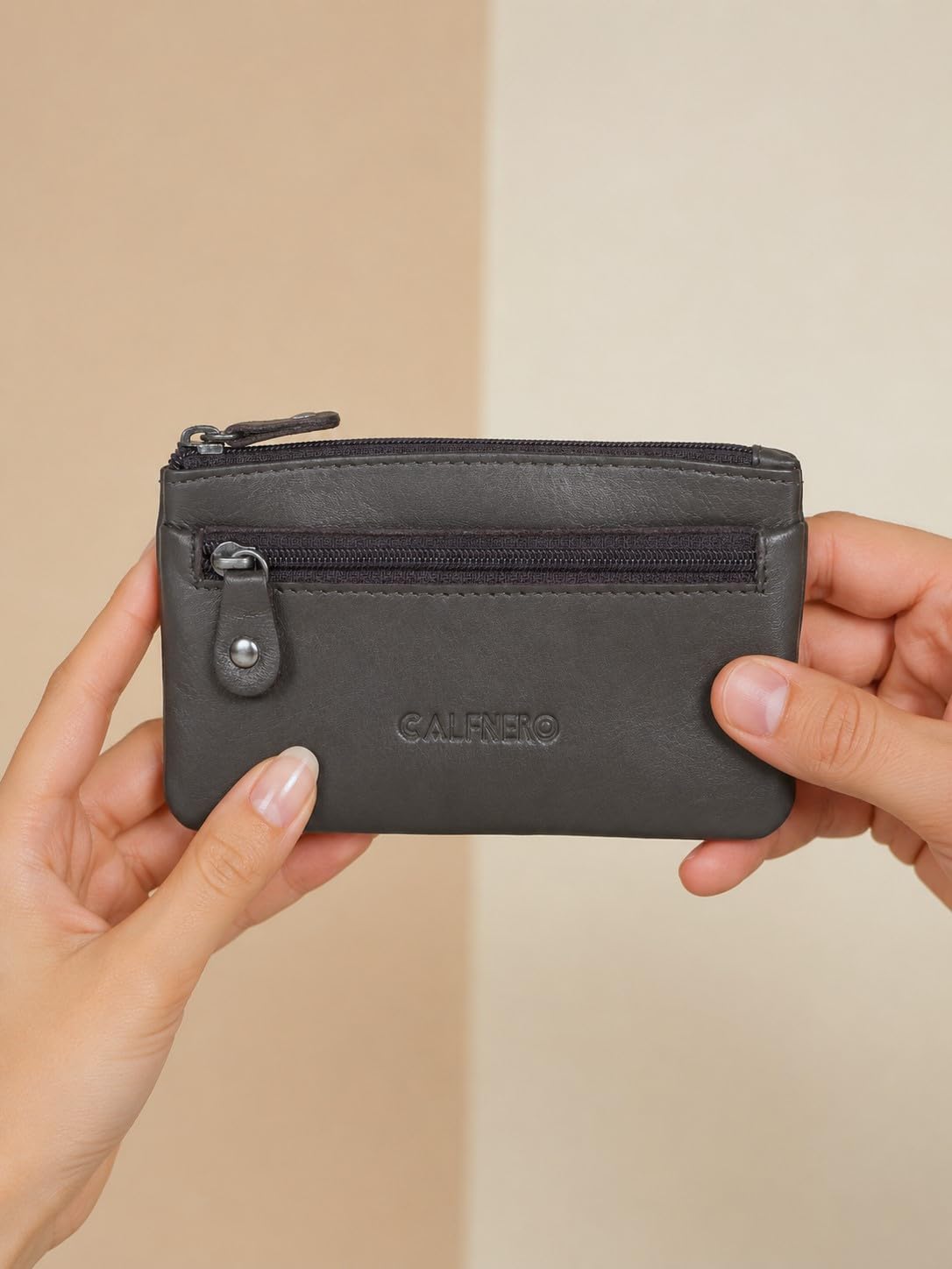 CALFNERO Genuine Leather Coin Wallet & Key Case | Leather Key Organizer for Men Women | Zippered Key Holder, Coin Purse, Cash & Card Pouch | Unisex Compact Travel Wallet (Brown) 1