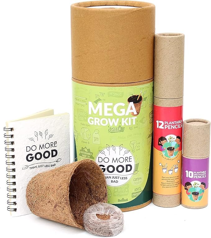 BUY RESPONSIBLY Plantable Mega Grow Kit - 1 A5 Notepad 10 Seed Pens 12 Pencils Planter Cocopeat, 100% Ecofriendly Stationary (PCs 25)