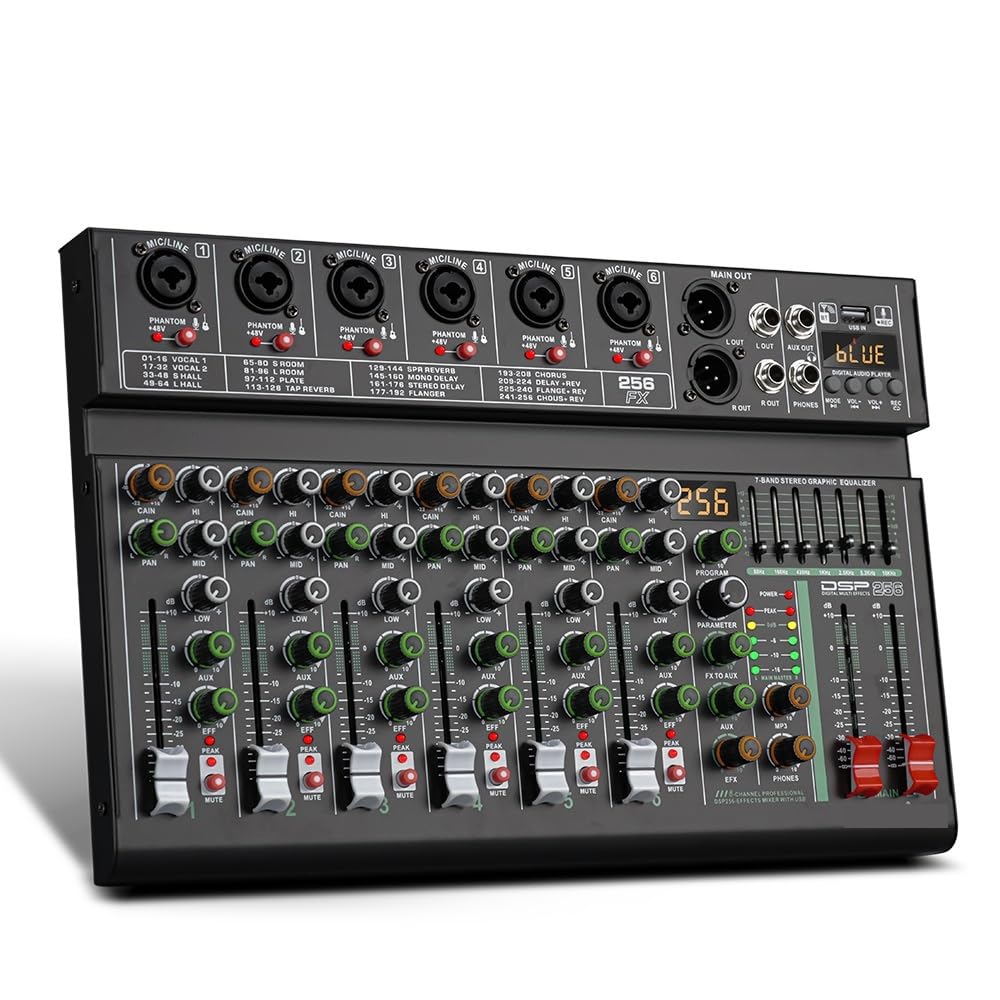 Mezclador de efectos DSP de 6 canales, 256, grabación de PC, alimentación fantasma de 48V, mezcladores de sonido USB, Bluetooth