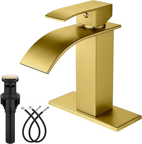 Midanya Grifo de lavabo de baño de oro cepillado, boquilla de cascada, mango único, 1 agujero, montaje en cubierta, grifo mezclador de lavabo