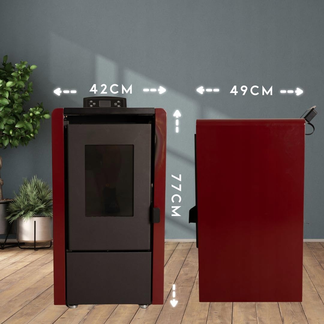 Estufa pellets THUNDER WLAN, automática, termostato, temporizador, kit tubo humos, acero, Ecodiseño, CE, BImSchV. (LEYLA RED, 6,3 KW)