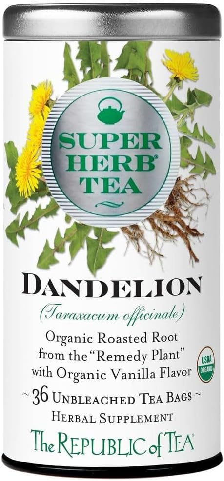 Organic Dandelion SuperHerb Tea Tin, 36 Herbal Tea Bags, Naturally Caffeine-Free