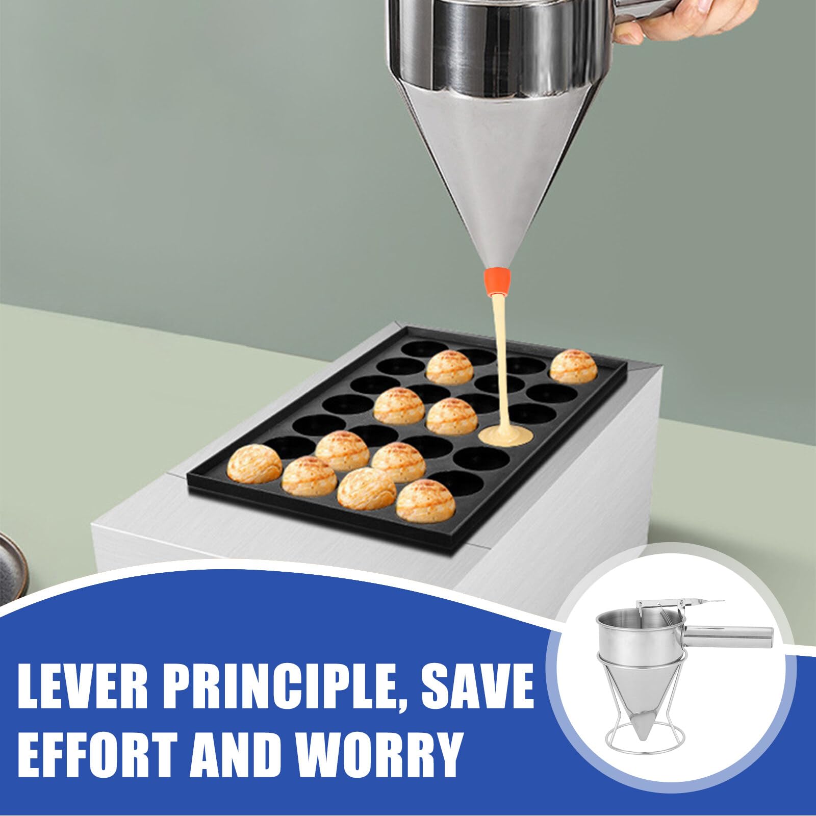 Dispensador de masa para panqueques, 1200 ml, acero inoxidable, multi-calibre, con soporte y 4 boquillas de repuesto