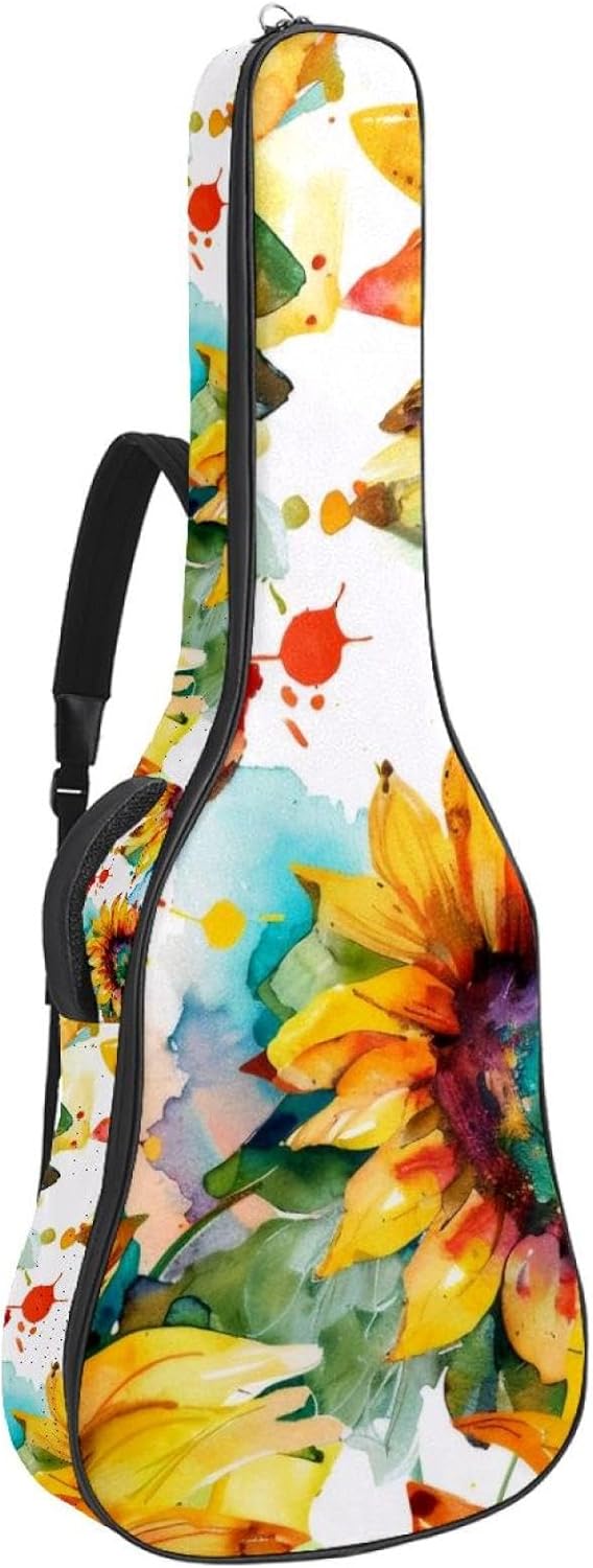 Acoustic Guitar Gig Bag 1 cm Thick Padding, Waterproof Electric Guitar Bag 40-42 Inch Guitar Case Backpack with Dual Shoulder Strap, Watercolor Sunflowers Flowers