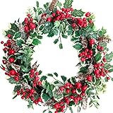 Floribus 18 Inch Christmas Wreath for Front Door with Holly Berry Pine Cones, Evergreen Winter Holiday Wreath, Green Holly Front Door Decor