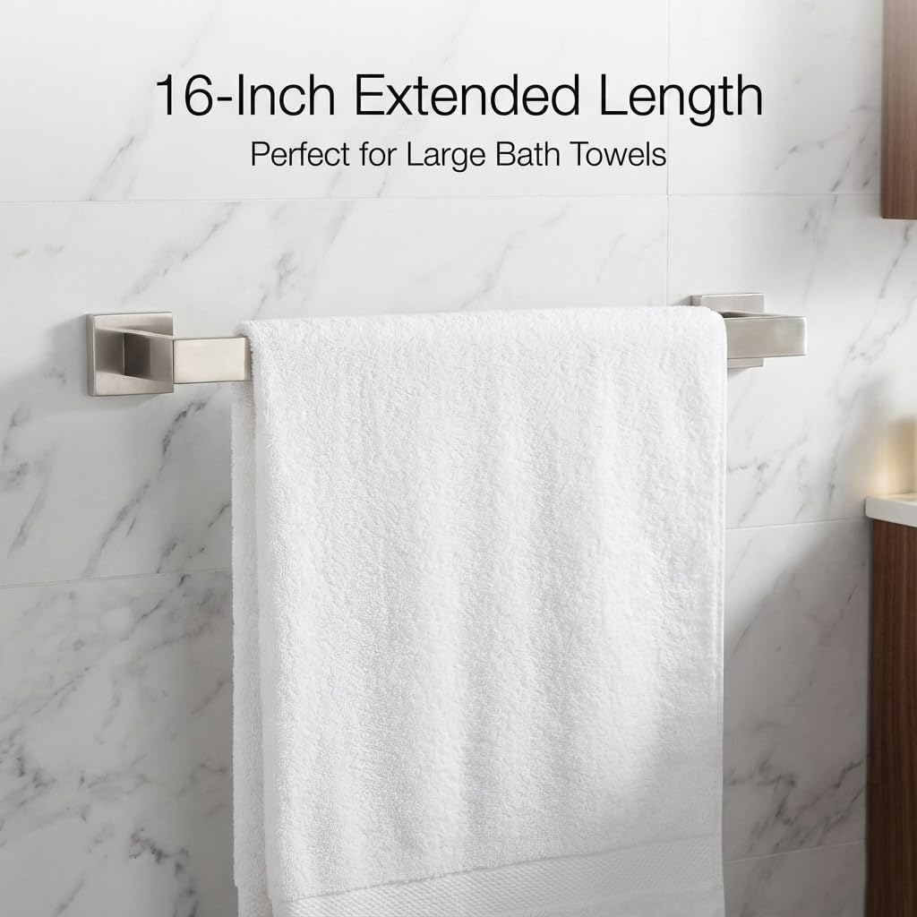 5 Piece Bathroom Hardware Set Brushed Nickel, SUS304 Stainless Steel Towel Bar Set, Modern Square Accessories with 16 Inch Rack Toilet Paper Holder Robe Hooks (Brushed Nickel)