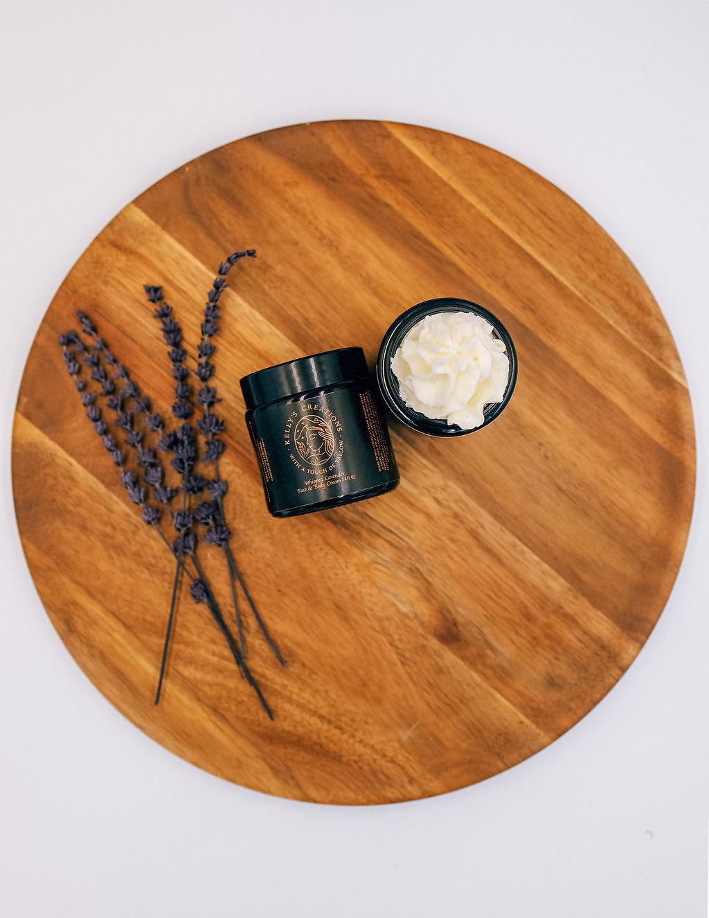 Kelly's Creations, Grass-Fed & Finished Beef Tallow Whipped Lavender Face & Body Cream, 4 fl oz, Black Glass Jar