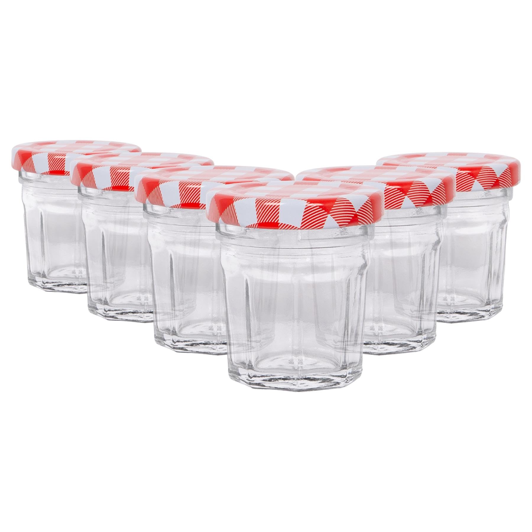 Argon Tableware Glass Jam Jars with Airtight Red Gingham Lids - 30ml - Pack of 6 - Empty Screw Top Kitchen Storage Jar for Food, Honey, Spice, Pickling, Preserving, Candle Making