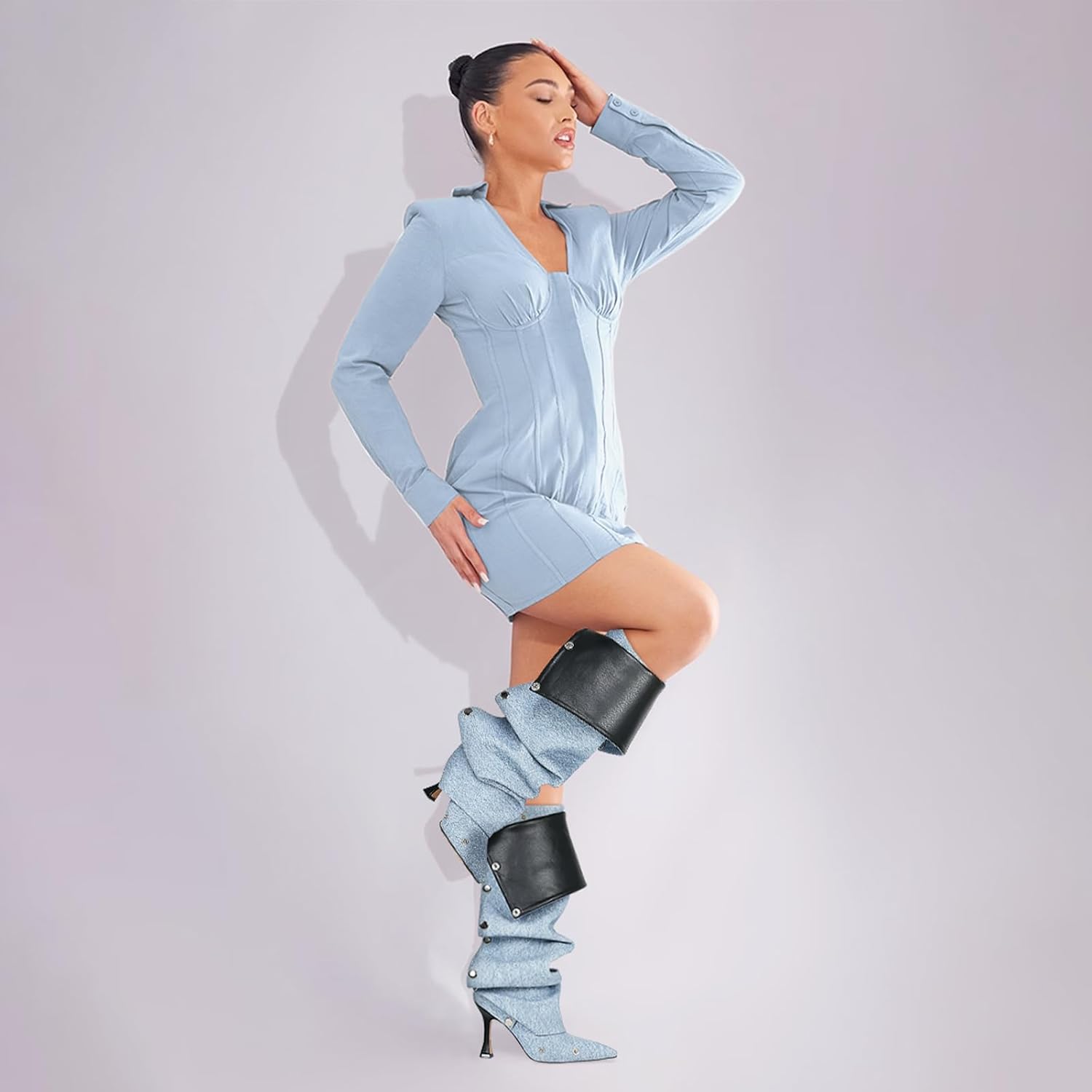 vomira women's knee high boots stiletto boots pointed toe high heels wide calf ruched slouchy boots detachable snap-off panel mid calf boots black boots 7 blue