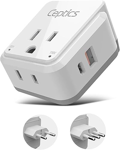 Ceptics Chile, Roma, Italia Juego de adaptadores de enchufe de viaje, Chile adaptador de enchufe USB-USB-C 20W PD-QC 18W, 2 tomacorrientes,