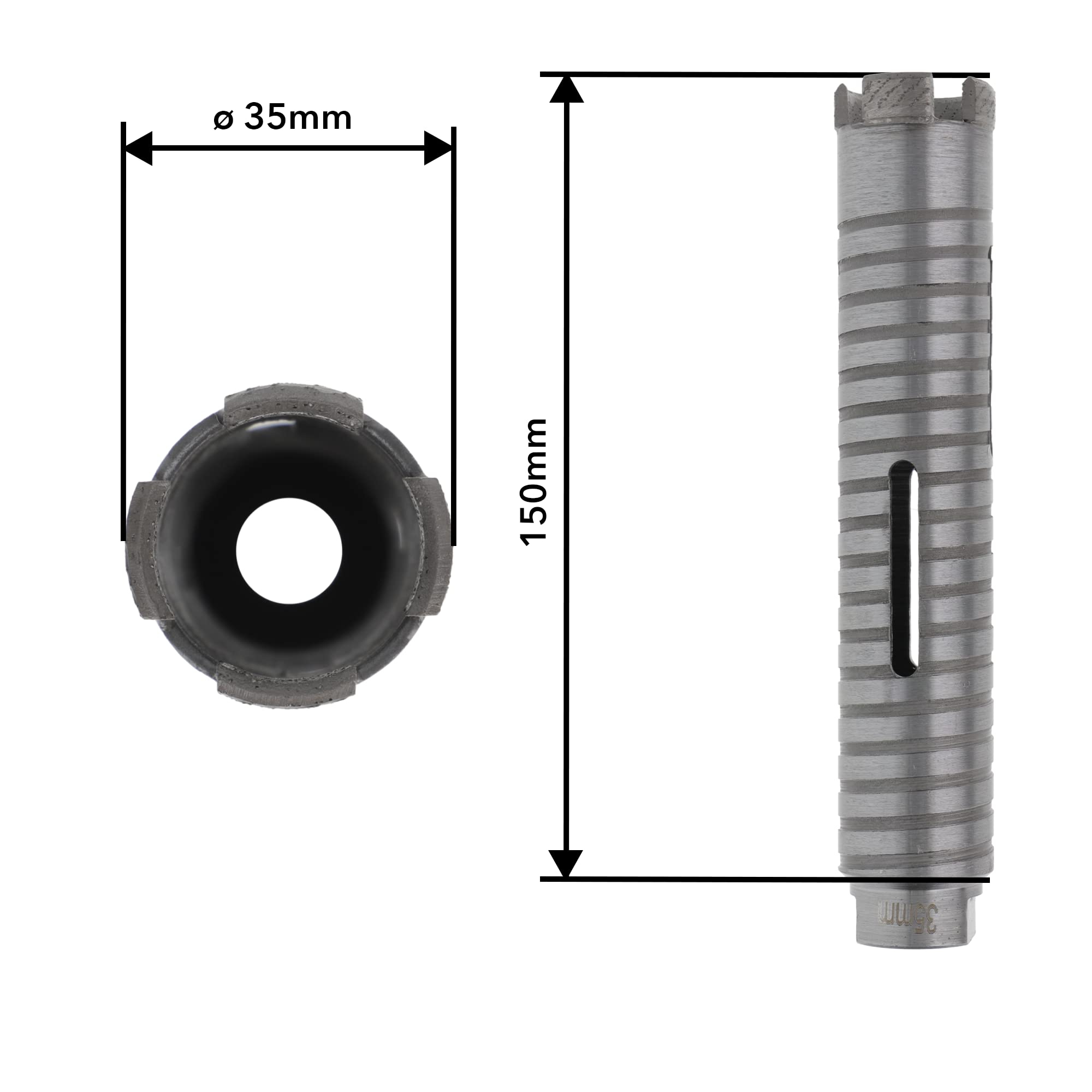 PRODIAMANT Diamentowa wiertnica rdzeniowa ø 35 mm długość efektywna 150 mm z adapterem SDS do młotowiertarki, segmenty spawane laserowo do wiercenia na sucho