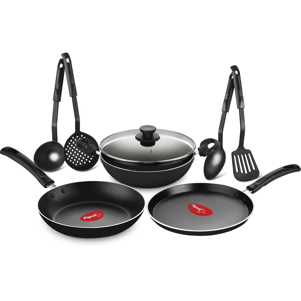 Pigeon Mio Nonstick Aluminum Cookware Gift Set, Includes Flat Tawa, Fry Pan, Kadai with Glass Lid, Kitchen Tool Set, Black, 8 Pieces Online at Low Prices in India