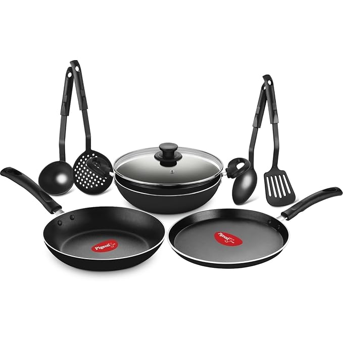 Pigeon Mio Nonstick Aluminum Cookware Gift Set, Includes Flat Tawa, Fry Pan, Kadai with Glass Lid, Kitchen Tool Set, Black, 8 Pieces