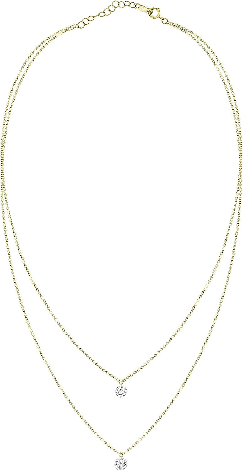Womens 18K Yellow Gold & Diamond Double Strand Circle Necklace April Birthstone Month, Jewelry Gift For Her (IJ color and SI clarity)