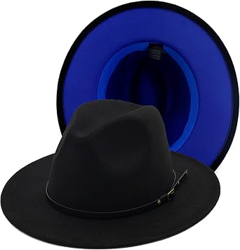 Fedora Hats for Women Wide Brim Two Tone Felt Panama Hat with Belt-Buckle