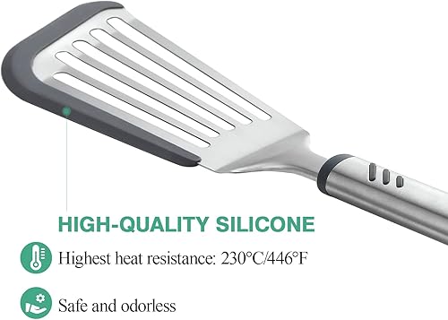 Miniatura 2 de Lebabo Espátula de pescado ranurada de 12.6 pulgadas con borde de silicona, girador de pescado de acero inoxidable para uso en cocina, apto para