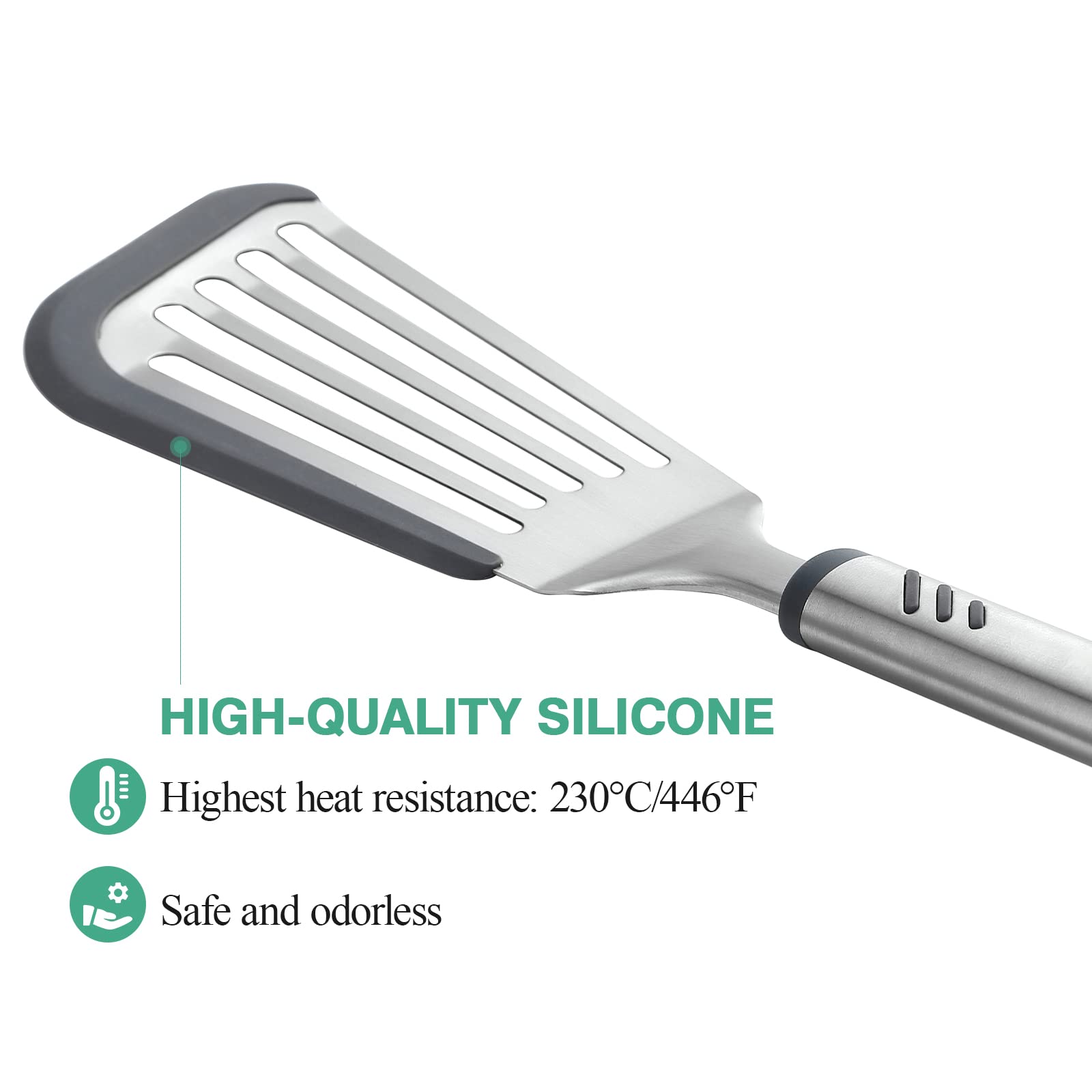 Lebabo Fish Spatula for Nonstick Cookware, Stainless Steel Slotted Spatula with Silicone Edge, Flexible Metal Turner for Cooking, Flipping, Frying, 12.6" Egg Flipper Utensils, Heat Resistant Handle - Image 2