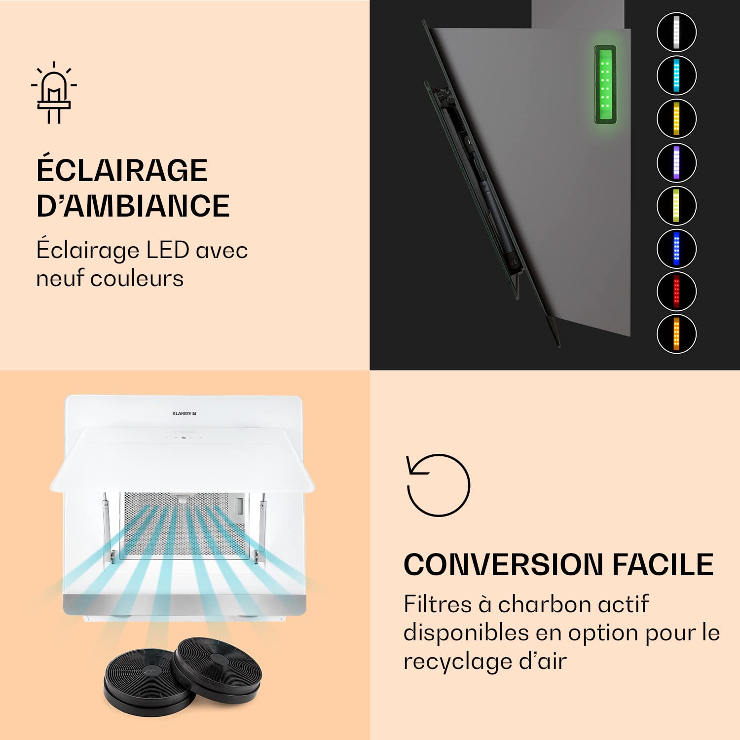 Klarstein Hotte Aspirante 60 cm, Hotte Aspirante Inclinée Silencieuse, de Cuisine 60cm avec Lampes LED, Débit d'Air Puissant 585m³/h, Efficacité Energétique A, avec Évacuation, Wi-Fi
