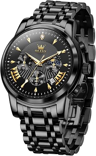OLEVS Men's Luxury Watch Waterproof Luminous Easy Read Chronograph Watches Full Gold/White Dail/Black Face with Calendar Wristwatch