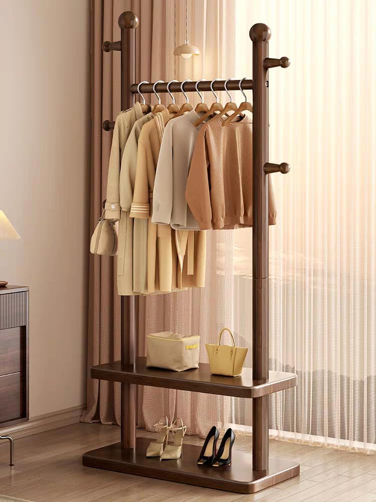 Solid Wood Coat Rack - Clothes Rack with Hooks, Clothes Rail & 2 Shelves - Freestanding Sturdy - Hallway Coat Rack for Bedroom, Entryway (Brown)