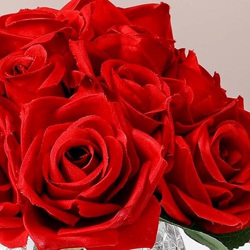 Miniatura 4 de 18 cabezas de rosas rojas falsas en jarrón con agua falsa, rosa de seda con jarrón para mesa de comedor, dormitorio, decoración de boda (rojo)